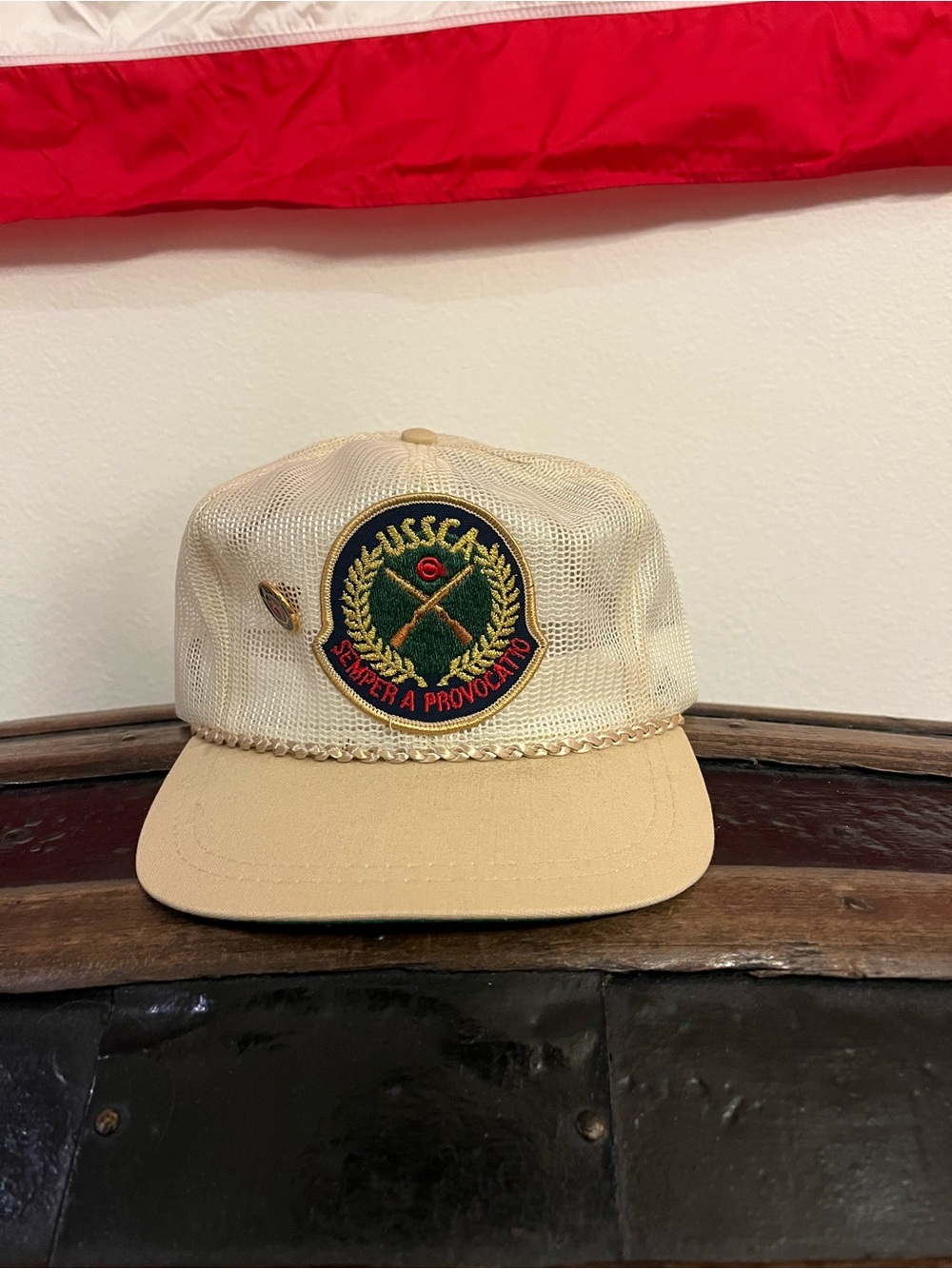 USSCA Beige Mesh Snapback Hat with Embroidered Crest